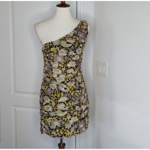 ZARA One Shoulder Mini Dress Draped  Floral Yellow Metallic Cocktail - Picture 3 of 11